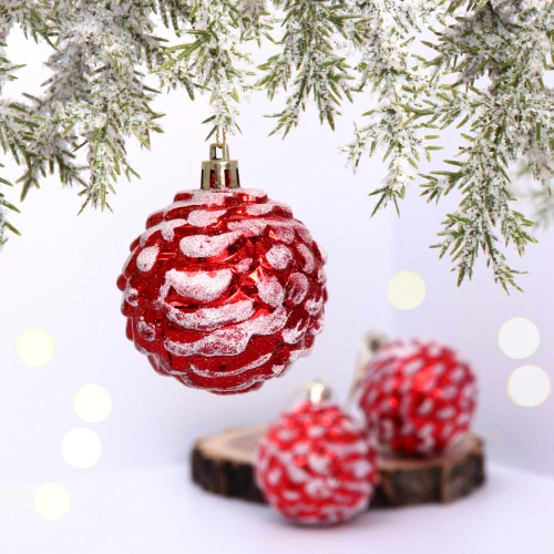 Ёлочные игрушки "Шишки нарядные" 6 см (набор 3 шт), красный/белый