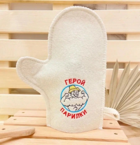 Варежка банная с вышивкой "Герой парилки", цвет белый, без упаковки