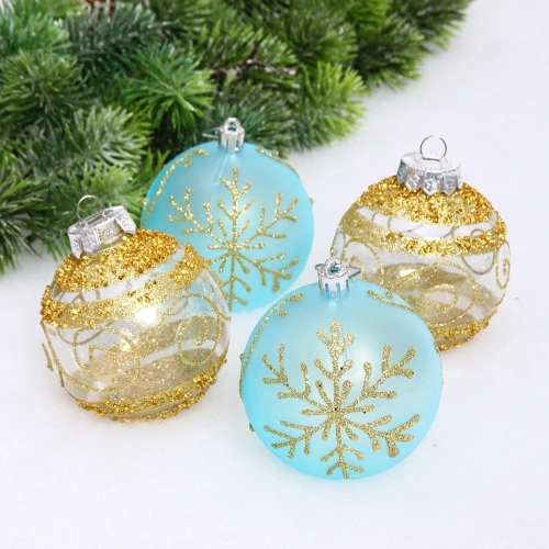 Набор шаров "Морозная вуаль" 8 см (в наборе 4 шт), Голубой, золото