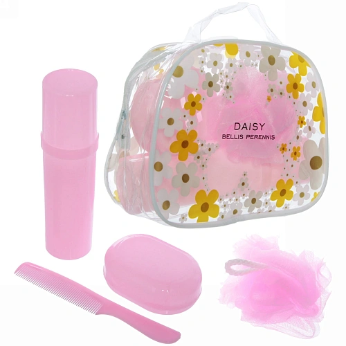 Набор банный дорожный 4шт Traveler - Ромашки, микс 3 цв, (мочалка, футляр 2шт, расческа), 2015,58,5_8