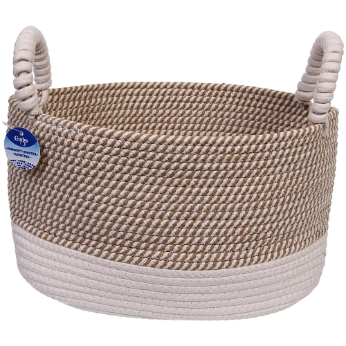 Корзинка вязаная интерьерная с ручками ТРИГОЙЯ, цвет бежбелый, 362825см, (лейбл селфи)_3
