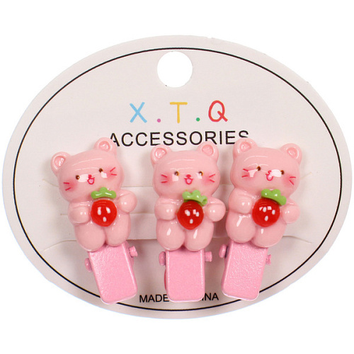 Зажимы для волос детские 3шт "РОЗОВОЕ ОБЛАКО", котики с ягодкой, 2.5см (блистер и пакет с подвесом)