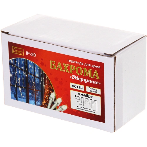 Гирлянда для дома БАХРОМА Мерцание ш3м в0,30,50,7 см 100 ламп LED, прозрачнпровод,1 реж, IP-20, Теплый белый (возможность соединения)_5