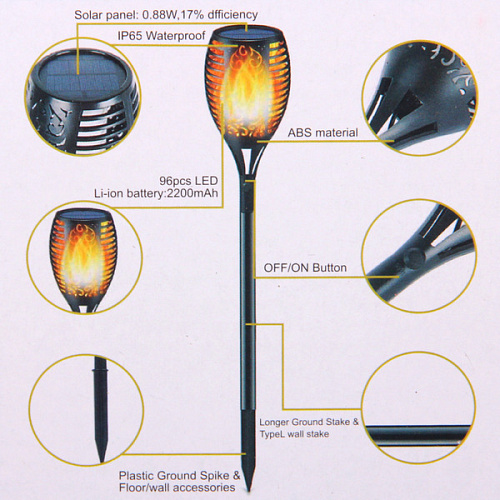 Фонарь садовый Факел большой 7712 см, на солнечной батарее, Теплый белый (эффект пламени)_9