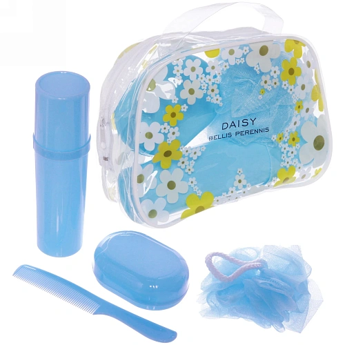 Набор банный дорожный 4шт Traveler - Ромашки, микс 3 цв, (мочалка, футляр 2шт, расческа), 2015,58,5_12