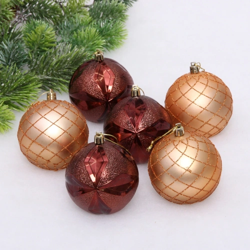 Новогодние шары "Снежный вальс" 8 см (набор 6 шт), Шоколад/Шампань