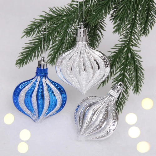 Ёлочные игрушки "Капельки" 8,5 см (набор 3 шт), серебро, синий