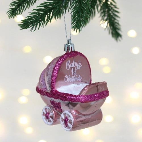 Елочная игрушка "Детская коляска" 5.5*6*9.5 см, Розовый
