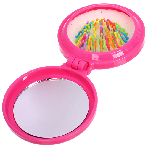 Расческа массажная детская складная Barbariska, с зеркалом, цветочек - улыбашка, разноцветные зубчики, цвет ярко - розовый, d-7см_5