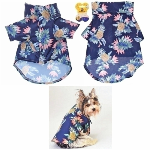 Рубашка для собак и кошек малых и средних пород "СТИЛЬНЫЙ БРО", цвет синий, принт ананасы с цветами, размер M