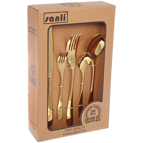 Набор столовых приборов SANLI 20шт (4ножа, 4ствилки, 4десвилки,4стложки, 4чложки), цвет золото_3