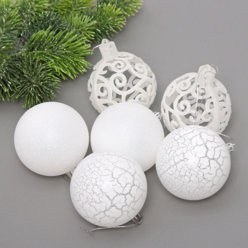Новогодние шары 8 см (набор 6 шт) "Снежное сияние", Белый