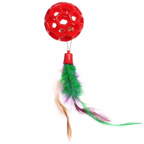 Игрушка - шарик для кошек "МУРОЧКИН", цвет красный, с бубенчиком и перышками, 4,5см