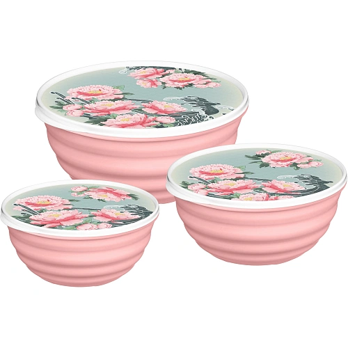 Комплект мисок "Latina" 3 шт. (1,1л+2,1л+3,2л) с крышками с декором "Сад пионов" (розовый) 223152508/04