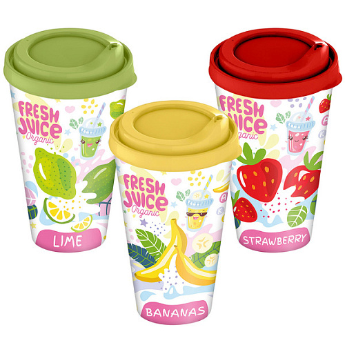 Стакан с крышкой 550мл с декором "Fresh Juice" (микс)