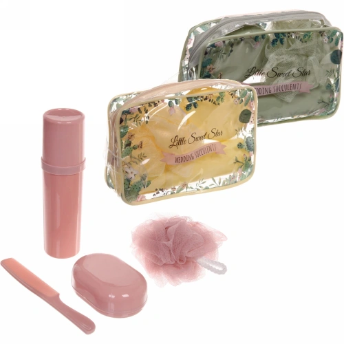 Набор банный дорожный 4шт "Traveler - Cactus", (мочалка, футляр 2шт, расческа), микс три цвета, 20*13*5см