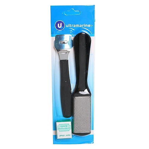 Педикюрный набор на блистере, 3 предмета "Ultramarine" (терка металлическая, скребок и лезвия)✦